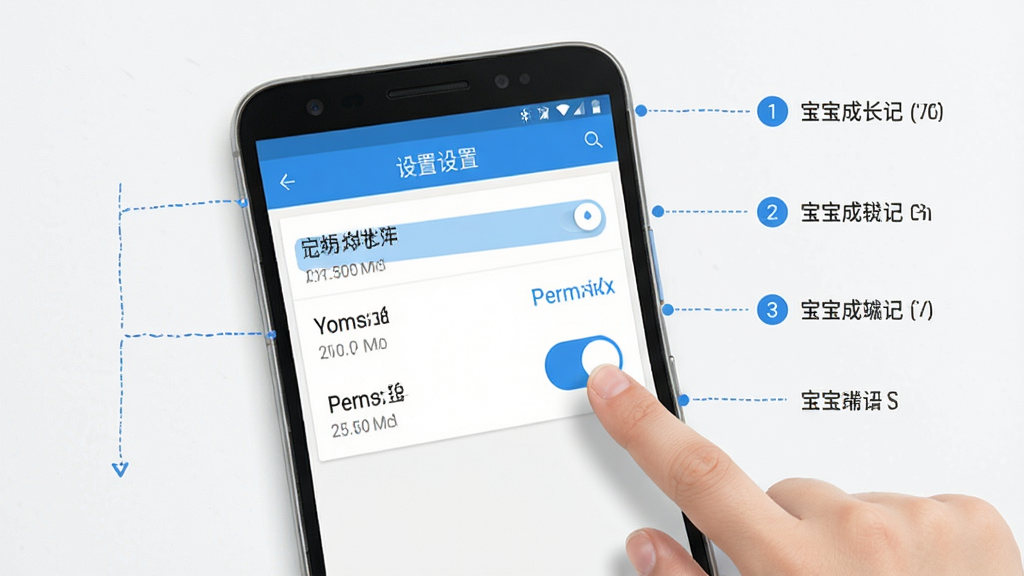 宝宝成长记移动端操作示意图,画面展示一部安卓手机,屏幕显示软件设置界面,旁边有手指点击权限开关的示意,布局为手机特写加标注线排版,风格为科技简约风,细节包含清晰的步骤序号、蓝白配色、干净背景,画质高清,干净,无多余元素