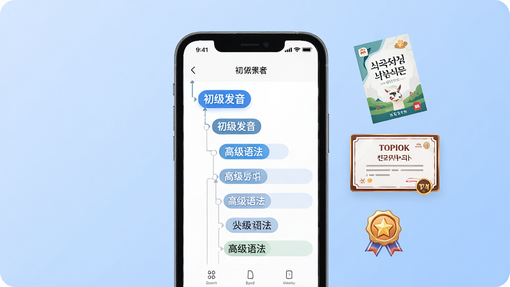 羊驼韩语APP内课程体系展示图。画面中央是手机屏幕,显示清晰的课程目录树,从初级发音到高级语法分级排列。屏幕右侧飘浮着韩语教材封面、TOPIK证书图标、勋章奖励图标。背景是柔和的渐变蓝色,风格简洁专业,画质清晰,干净无多余元素。