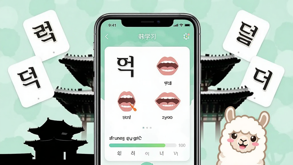 一张展示羊驼韩语APP核心界面的概念图。画面主体是一部智能手机,屏幕显示羊驼韩语的课程学习界面,界面中包含韩文字母、发音口型图、学习进度条。手机周围环绕着韩语字母卡片、韩国传统建筑景福宫剪影、可爱羊驼吉祥物。布局居中对称,风格清新明快,细节丰富,画质清晰,干净无多余元素。