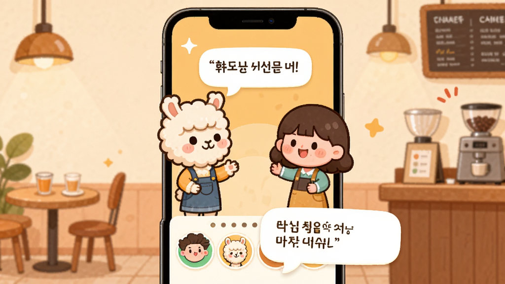 羊驼韩语APP情景对话功能展示图。画面显示手机屏幕中两个卡通人物在咖啡厅对话,屏幕下方有角色选择按钮和台词气泡。画面角落有韩国咖啡厅元素装饰。风格活泼可爱,色彩温暖,画质清晰,干净无多余元素。