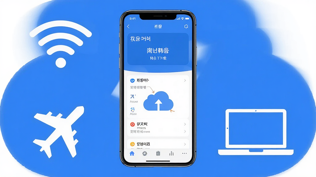 羊驼韩语APP离线下载与同步功能示意图。画面中央是手机屏幕,显示下载管理界面和云端同步图标。手机周围环绕着WiFi信号图标、飞机图标、笔记本电脑图标。风格简约商务,蓝白配色,画质清晰,干净无多余元素。