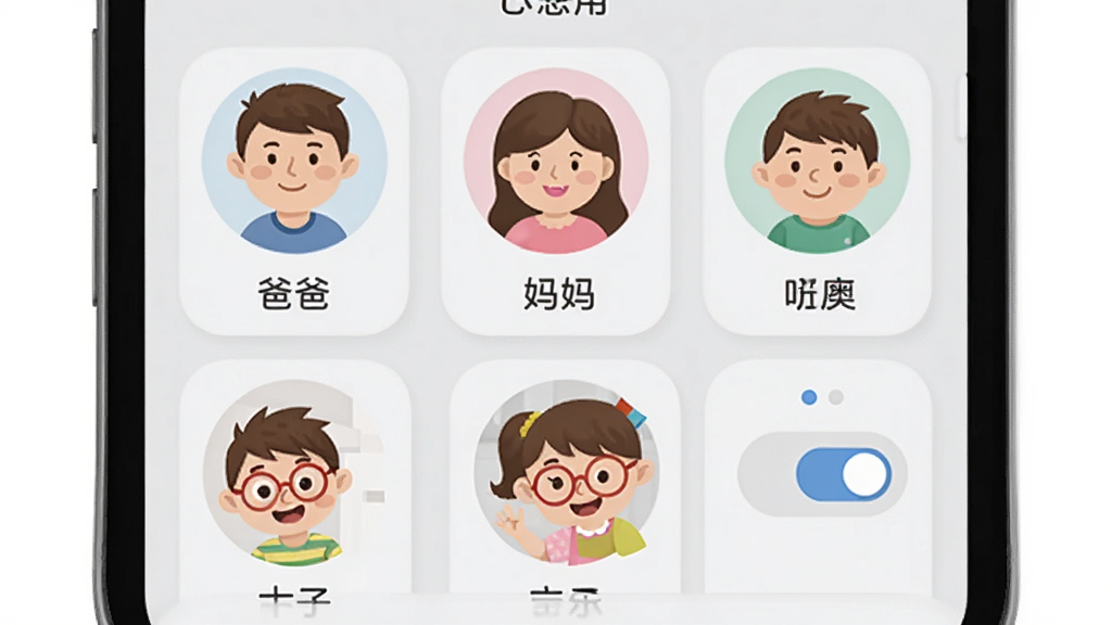 乐奥健康多用户管理界面,手机屏幕显示家庭成员头像列表,包含爸爸、妈妈、孩子等角色图标,背景为浅灰色,布局为网格排列,风格为卡通扁平化,细节包含头像、姓名标签、切换按钮,画质清晰,干净,无多余元素