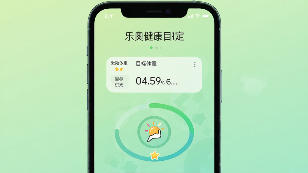 乐奥健康健康目标设定界面,手机屏幕显示目标体重输入框与进度环,背景为淡绿色渐变,布局居中,风格为激励型UI设计,细节包含目标数字、进度百分比、庆祝图标,画质高清,干净,无多余元素