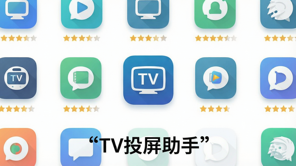 一幅展示多款投屏软件图标排列的简约风格插画,画面中央是TV投屏助手的图标,周围环绕着其他投屏软件图标,布局为网格状排列,排版整齐,风格为清新浅色扁平风,细节包括各软件图标、星级评分符号、柔和阴影,画质清晰干净,画面中打上引号文字“TV投屏助手”,文字位于画面底部,无多余装饰元素。
