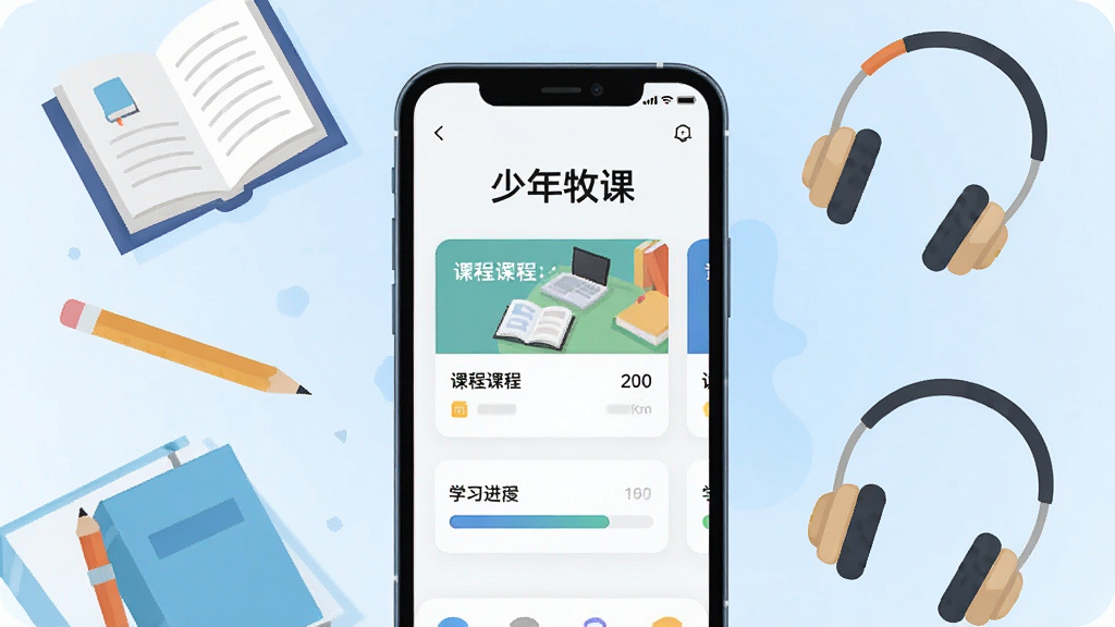一张展示在线学习场景的插画,画面中央是一部智能手机,屏幕中显示“少年牧课”应用主界面,界面包含课程卡片与学习进度条,手机周围环绕书本、铅笔、耳机等学习元素,背景为浅蓝色渐变,整体布局居中对称,风格清新扁平化,细节干净简洁,画质高清,无多余元素