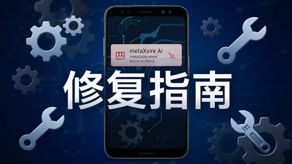 一部安卓手机屏幕显示metaXsire AI出现闪退错误提示的界面,手机周围环绕着齿轮和扳手图标象征故障排查,背景为深蓝色渐变,画面中央有