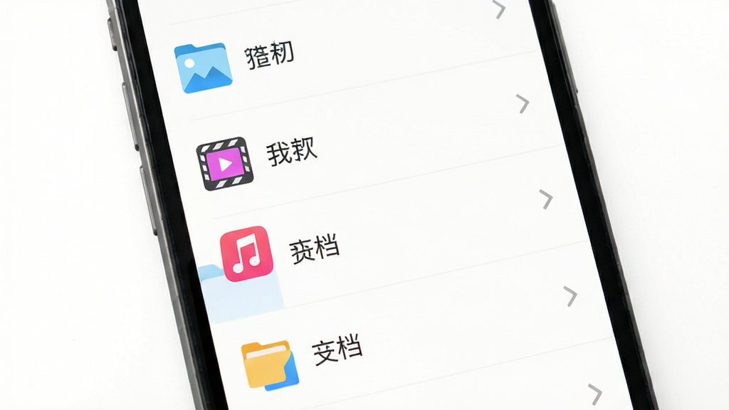 手机管理助手智能文件管理功能界面,主体为手机屏幕显示文件夹分类列表,布局为纵向列表式,排版清晰有序,风格为简约扁平化,细节包括图片、视频、音乐、文档等图标分类,画质高清,干净,无多余元素