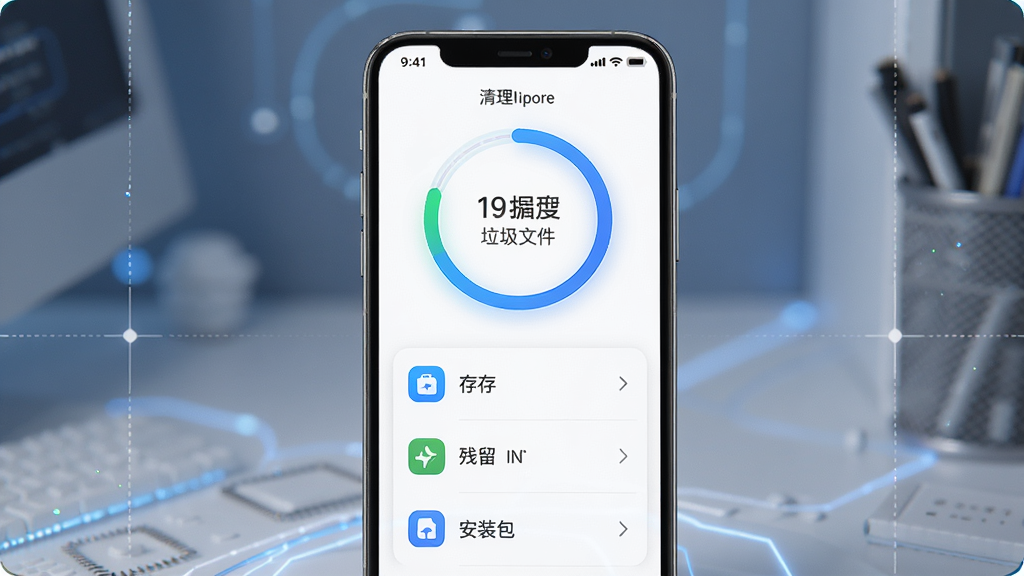 手机管理助手存储清理功能展示,主体为手机屏幕显示清理进度与垃圾文件分类,布局为环形进度条加列表,排版居中,风格为清爽科技风,细节包括缓存、残留、安装包等分类图标,画质高清,干净,无多余元素
