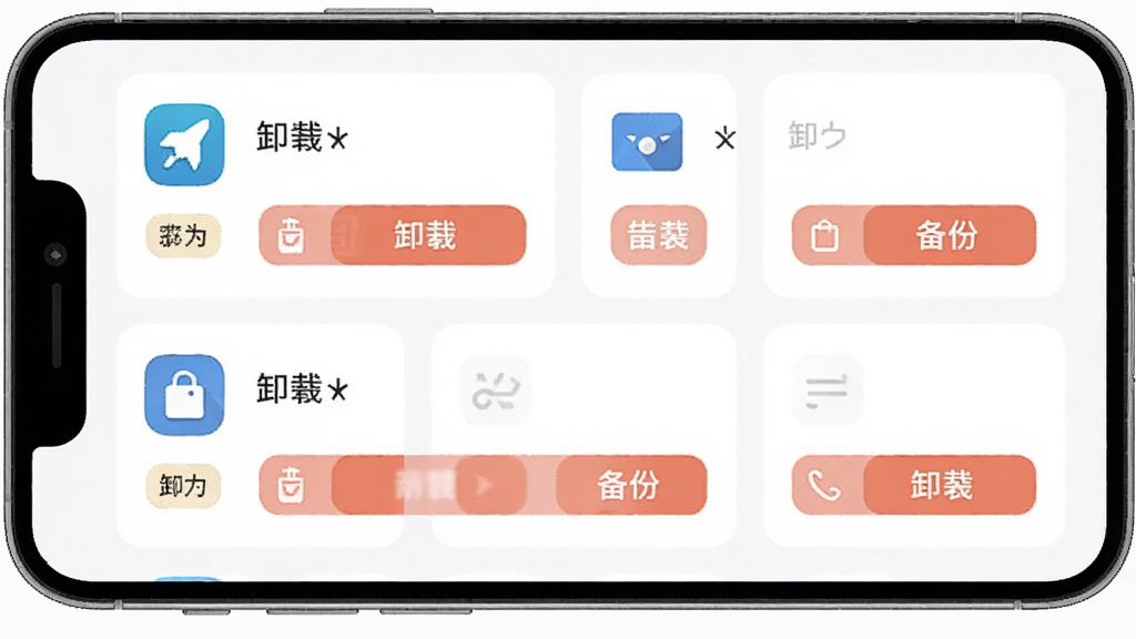 手机管理助手应用管理界面,主体为手机屏幕展示应用列表与卸载按钮,布局为卡片式排列,排版整齐,风格为现代简约风,细节包括应用图标、大小标签、卸载与备份按钮,画质高清,干净,无多余元素