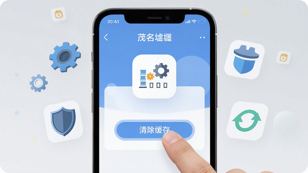 一部智能手机屏幕显示茂名墟App的设置页面,画面中手指正点击“清除缓存”按钮,周围环绕着齿轮、盾牌和更新箭头等扁平化图标,布局简洁居中,风格为科技简约风,细节清晰,画质干净,无多余元素