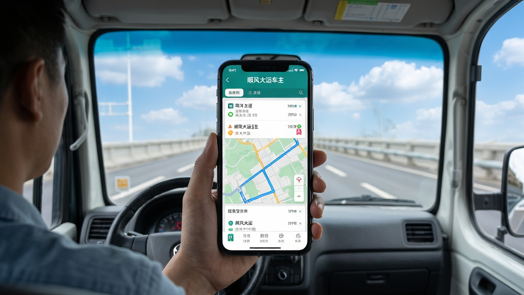 主体为一辆白色轻型货车行驶在城市道路上,驾驶室内的司机手持手机查看顺风大运车主应用界面,布局为居中构图,手机屏幕显示订单列表和地图路线,排版为软件界面截图与实景融合风格,细节包括蓝天白云背景、道路标线清晰、手机界面有“顺风大运车主”文字标识,画质高清,干净,无多余元素