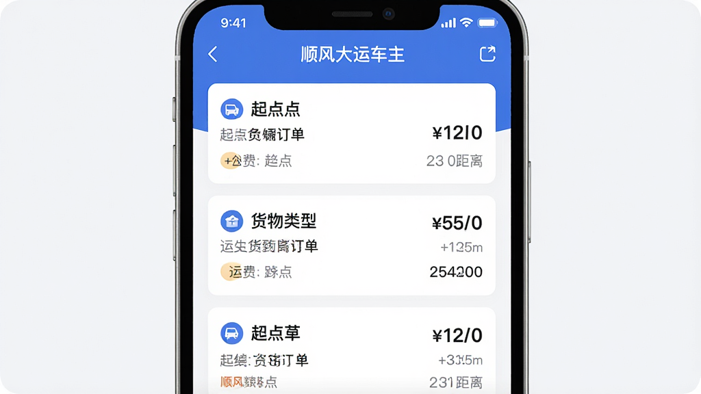 主体为手机屏幕特写,屏幕上展示顺风大运车主应用的订单大厅界面,布局为竖版手机界面居中展示,排版为订单卡片列表从上到下排列,风格为现代简约科技感,细节包括每条订单显示起点终点、货物类型、运费金额和距离信息,屏幕上方有“顺风大运车主”标题栏,画质高清,干净,无多余元素