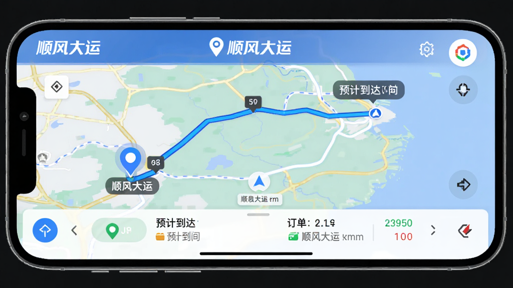 主体为手机屏幕展示顺风大运车主应用内置导航界面,布局为手机横屏展示地图路线,排版为地图占满屏幕、底部显示订单信息条,风格为科技感导航风格,细节包括蓝色路线规划线条、起终点标记、预计到达时间、顺风大运车主logo位于顶部,画质高清,干净,无多余元素