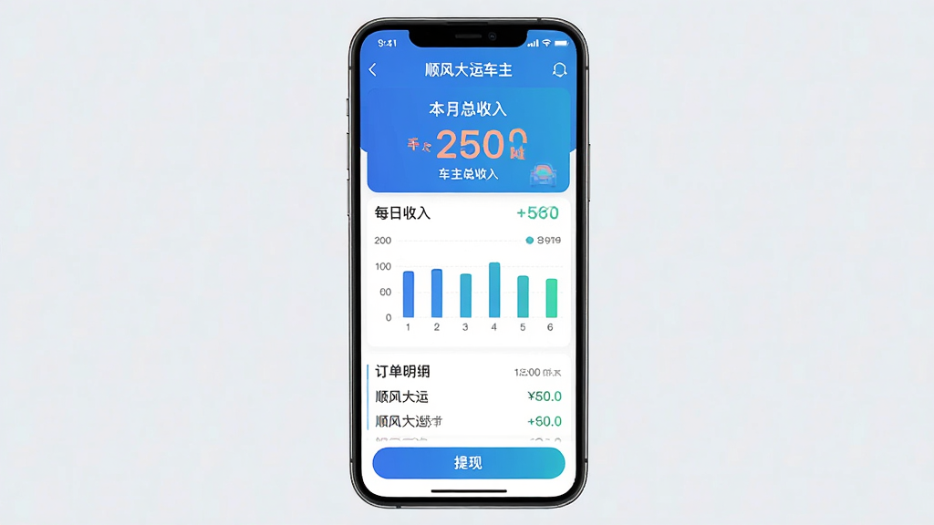 主体为手机屏幕显示顺风大运车主收益统计页面,布局为竖版界面居中,排版为上方显示本月总收入数字、下方为每日收入柱状图和订单明细列表,风格为清新金融风,细节包括收入数字用醒目颜色标注、图表清晰、底部有提现按钮、顶部有“顺风大运车主”文字,画质高清,干净,无多余元素