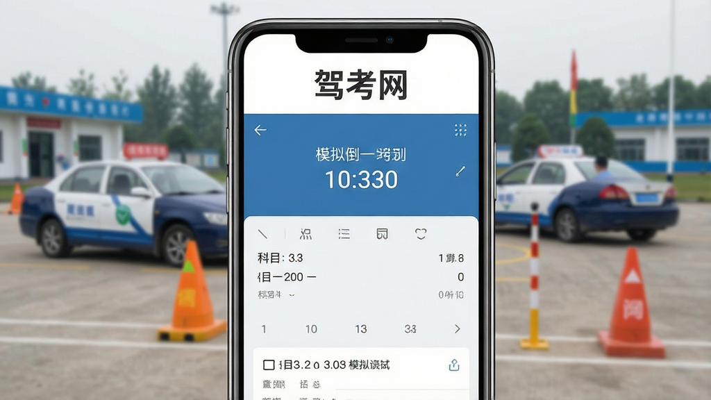 一张展示驾考网全真模拟考试界面的图片,画面主体为手机屏幕,屏幕上显示科目一模拟考试倒计时和答题界面,屏幕上方有“驾考网”文字标识,背景为驾校训练场虚化场景,有教练车和标杆,风格写实,细节清晰,画质干净,无多余元素