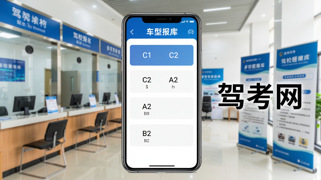 一张展示驾考网多车型题库切换功能的图片,画面中央为手机屏幕,屏幕上有车型选择列表,包含C1、C2、A2、B2等选项,旁边有驾考网文字标识,背景为驾校报名大厅场景,有服务窗口和宣传展架,风格明亮,细节丰富,画质清晰,干净无多余元素