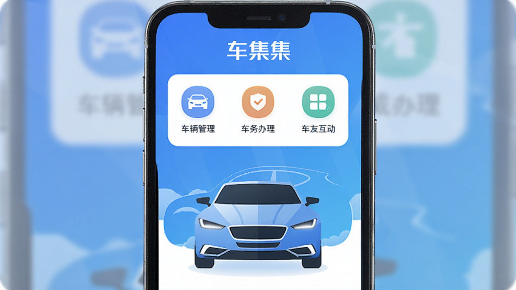 手机屏幕中央显示车集集应用主界面,顶部有车集集文字标识,界面包含车辆管理、车务办理、车友互动等图标模块,主体为手机与汽车元素组合,布局简洁清晰,排版为竖版应用展示风格,风格为现代科技扁平化,细节包括蓝色渐变背景、圆角图标、汽车轮廓线条,画质高清干净无多余元素