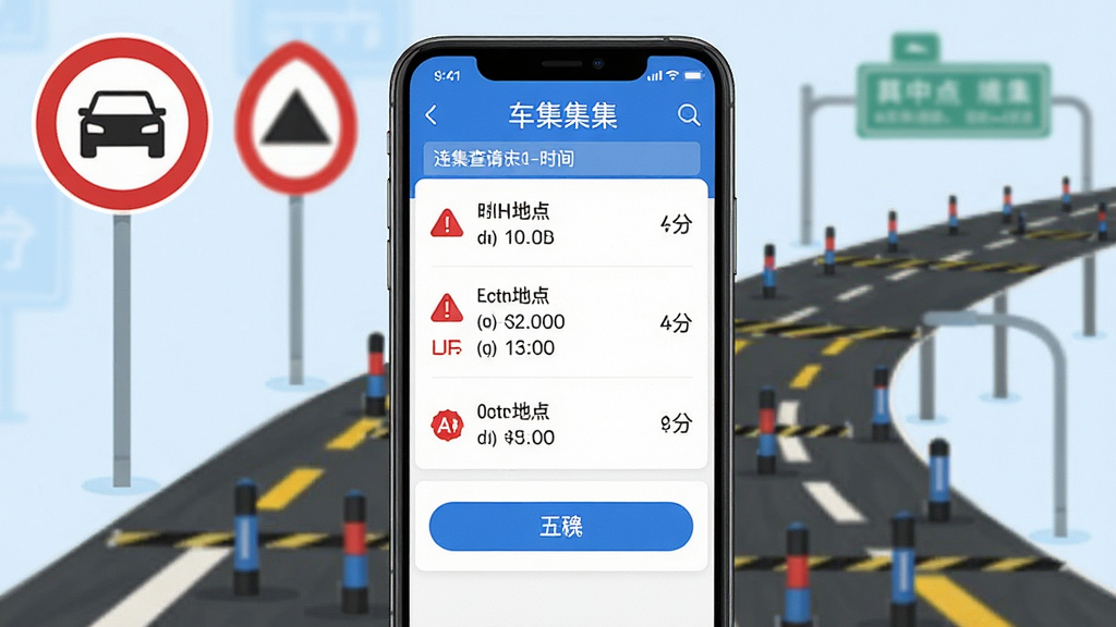 车集集违章查询功能界面,画面展示手机屏幕内违章记录列表,包含时间地点扣分等条目,背景有交通标志与道路线条装饰,布局为上下结构,排版信息层级分明,风格为扁平化UI设计,细节包括红色警示标识、蓝色按钮、白色背景,画质高清干净无多余元素