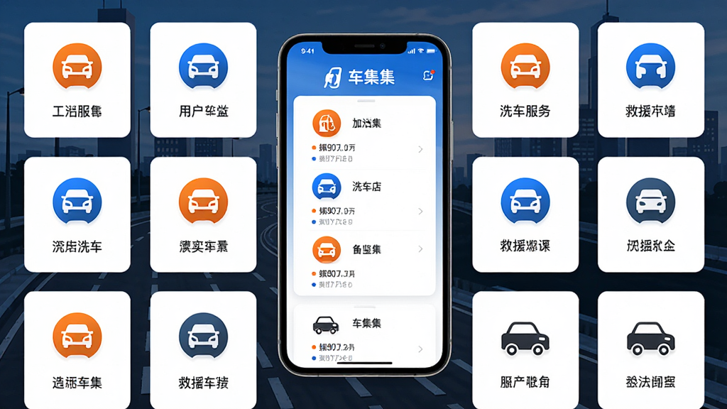 车集集用车生活服务页面,画面中央为手机展示附近加油站洗车店救援服务等图标列表,背景为城市道路与汽车剪影,布局为网格状排列,排版清晰直观,风格为现代生活服务类UI,细节包括橙色与蓝色图标、白色卡片背景,画质高清干净无多余元素