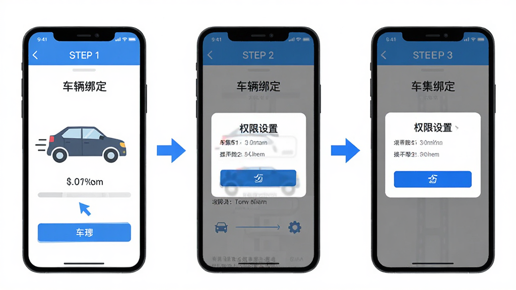 车集集新手操作指引示意图,画面展示手机界面中车辆绑定步骤与权限设置弹窗,布局为分步图解形式,排版从左到右依次排列,风格为教学指引类扁平插画,细节包括步骤编号、箭头指示、蓝色高亮按钮,画质高清干净无多余元素