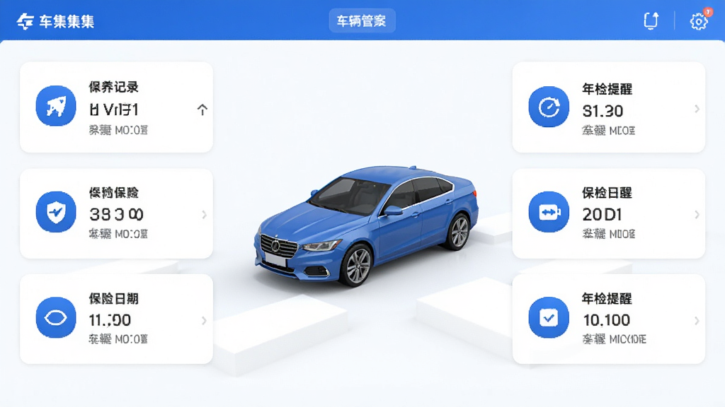 车集集应用内车辆档案管理页面,画面中央展示一辆汽车的三维模型,周围环绕保养记录、保险日期、年检提醒等数据卡片,布局为左右分栏,排版整齐有序,风格为清爽简约商务风,细节包括蓝色主色调、白色卡片、图标点缀,画质高清干净无多余元素