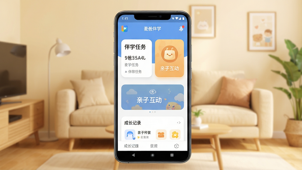 一张展示麦爸伴学软件主界面的手机预览图,画面中央是一部竖屏安卓手机,屏幕内显示麦爸伴学应用首页,包含伴学任务卡片、亲子互动入口和成长记录模块,背景为温馨的浅暖色调客厅环境,布局简洁清晰,风格为现代扁平化UI设计,细节包括圆角图标、柔和阴影和清晰的中文文字标签,画质干净明亮,无多余装饰元素