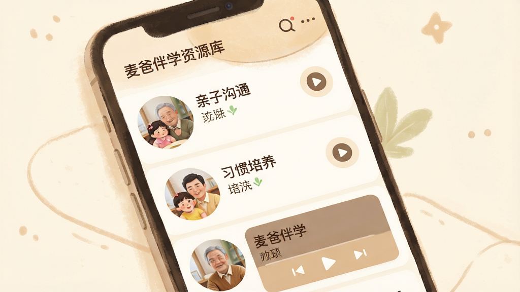 一幅展示麦爸伴学资源库页面的界面插图,画面主体为手机屏幕,屏幕内呈现图文列表和音频播放卡片,内容涉及亲子沟通、习惯培养等主题,布局为纵向滚动列表,风格为温暖柔和的米白色教育类APP界面,细节包括圆形缩略图、播放按钮和中文标题文字,画质清晰干净,无多余元素,图片中文字为“麦爸伴学”