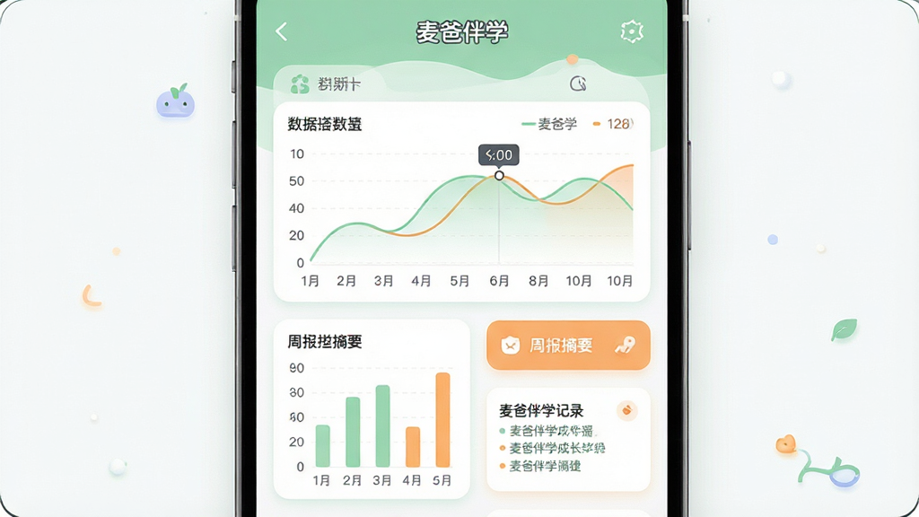 一幅展示麦爸伴学成长记录数据面板的界面插图,画面中央为手机屏幕,屏幕内显示折线图、柱状图和周报摘要卡片,数据区域采用柔和的绿色与橙色区分,布局为上下结构,风格为现代数据可视化教育应用界面,细节包括清晰的中文数值标签、圆角图表边框和简洁图标,画质干净整洁,无多余装饰,图片中文字为“麦爸伴学”
