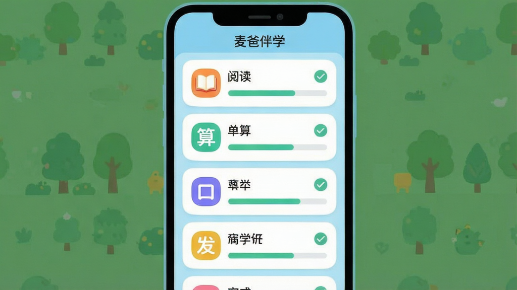 一幅展示麦爸伴学任务系统的界面截图风格插图,画面主体为手机屏幕中的任务列表页面,包含阅读、口算、单词等任务卡片,每张卡片带有完成状态勾选标记和进度条,布局采用纵向排列,风格为清爽的浅蓝色调教育类APP界面,细节包括圆角卡片、彩色图标和中文标签,画质清晰干净,无多余元素,图片中文字为“麦爸伴学”