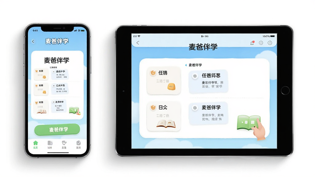 一幅展示麦爸伴学在手机与平板双设备上运行的场景插图,画面左侧为竖屏手机,右侧为横屏平板,两台设备均显示麦爸伴学的任务界面,布局为左右并排,风格为简洁明亮的科技教育风格,细节包括设备边框、屏幕内清晰的中文界面元素和柔和阴影,画质干净通透,无多余背景杂物,图片中文字为“麦爸伴学”