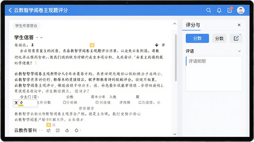 云教智学阅卷主观题评分界面,屏幕左侧显示学生作答内容,右侧为评分栏与评语输入框,界面布局左右分栏,风格清爽,细节包含分数按钮与批注图标,画质高清,干净,无多余元素