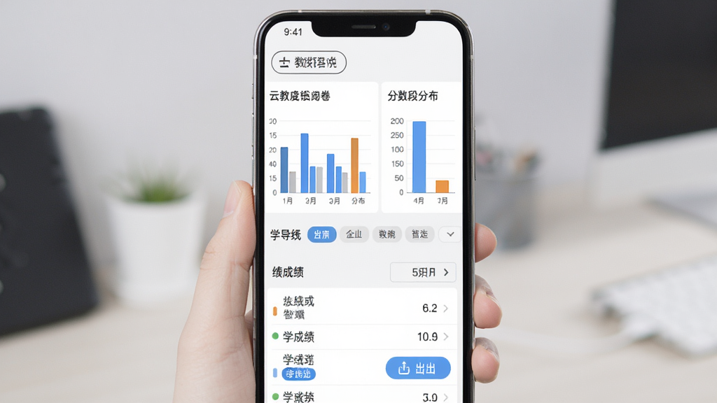 云教智学阅卷成绩统计报表页面,手机屏幕显示柱状图与分数段分布,下方列出学生成绩列表,界面布局清晰,风格商务简约,细节包含导出按钮与筛选标签,画质高清,干净,无多余元素