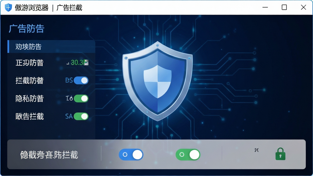 傲游浏览器安全防护盾牌与广告拦截界面 主体为盾牌图标与拦截列表 布局居中 排版清晰 风格安全科技感 细节显示拦截数量与隐私开关 画质清晰 干净无多余元素
