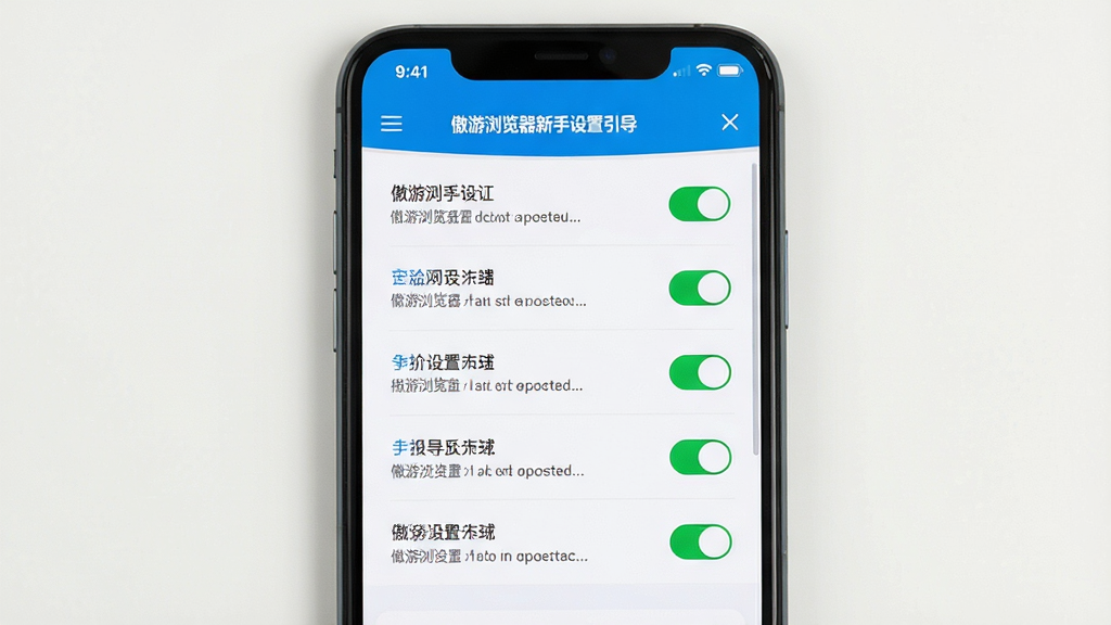 傲游浏览器新手设置引导界面 主体为手机屏幕显示设置选项列表 布局居中 排版清晰 风格简洁明快 细节显示开关按钮与提示文字 画质清晰 干净无多余元素