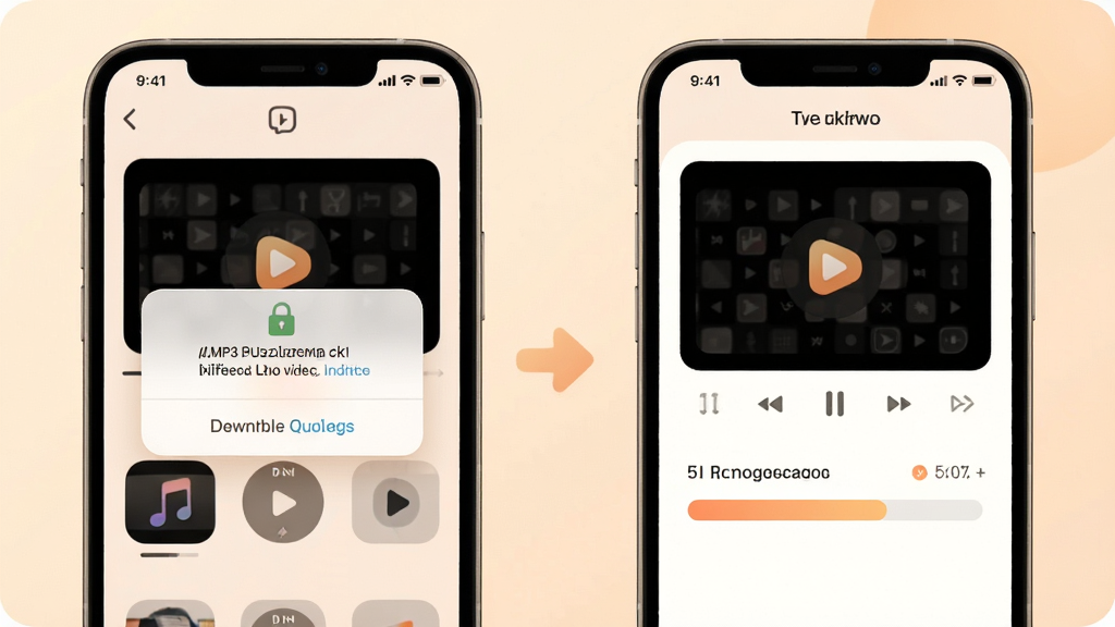 MP3提取转换器手机端操作步骤示意图,画面展示从选择视频到提取完成的全过程,包含权限弹窗与进度条,风格柔和圆角,色调温暖,细节清晰,画质干净,无多余元素