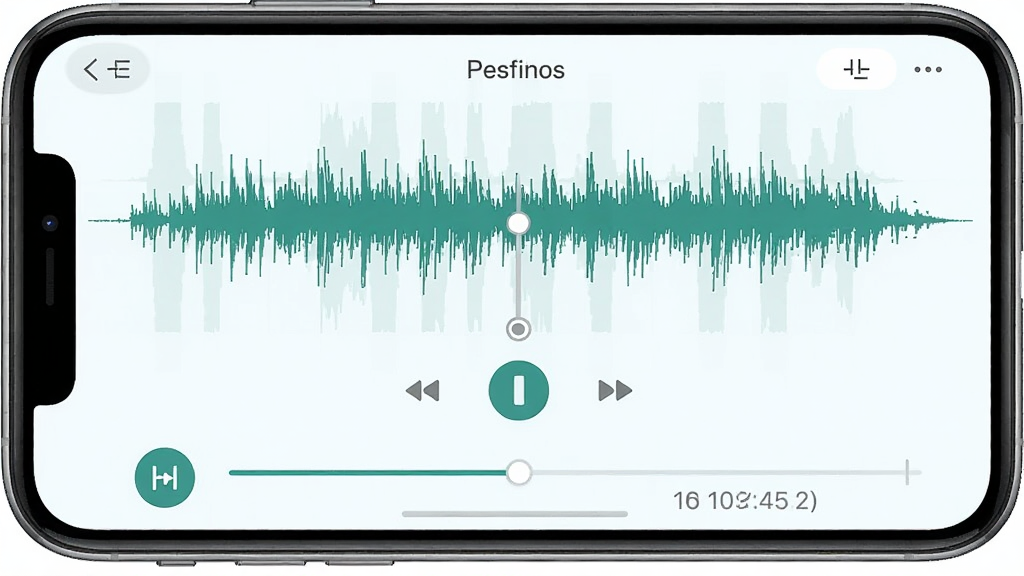 MP3提取转换器音频剪辑功能界面图,手机屏幕显示音频波形图与剪辑控制点,下方有播放按钮和时间轴,界面风格清新浅色,细节丰富,画质干净,无多余元素