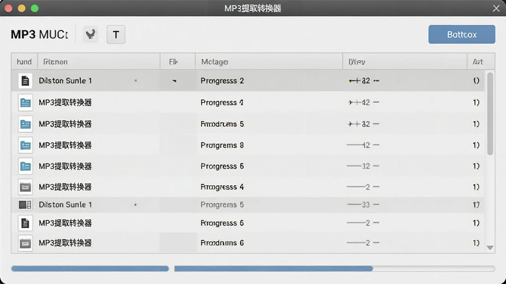 MP3提取转换器批量处理界面截图,屏幕中显示多个文件列表与进度条,右上角有导出按钮,整体布局整齐,风格素雅极简,色调柔和,细节清晰,画质干净