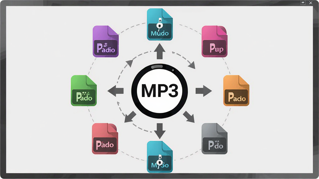 MP3提取转换器格式转换界面示意图,屏幕中显示多种音频格式图标排列成圆圈,中心为MP3标识,周围有转换箭头,背景为浅灰色,风格简约商务,细节清晰,画质干净,无多余元素