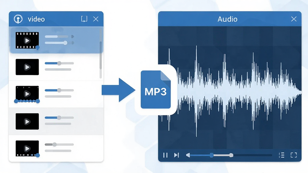 MP3提取转换器视频提取音频功能展示图,画面左侧为视频文件列表,右侧为音频波形图,中间有箭头指向MP3文件图标,扁平化设计风格,色调以蓝白为主,细节清晰,画质干净