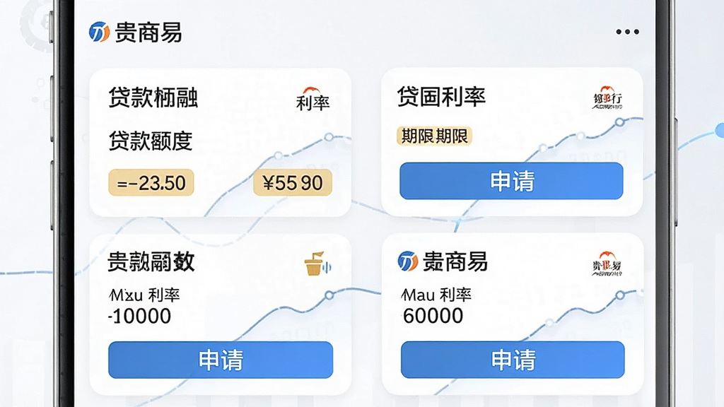 一张展示贵商易融资服务页面的产品截图风格图,主体为手机屏幕内展示多个金融产品卡片,包含贷款额度、利率、期限等标签,布局为两列网格排列;风格为现代金融科技风;细节包含