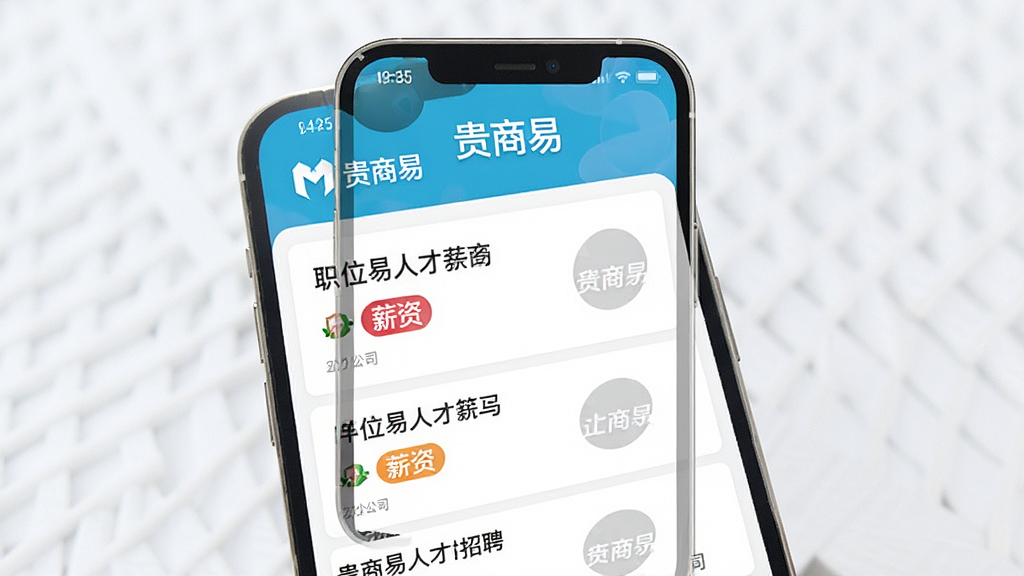 一张展示贵商易人才招聘板块的界面图,主体为手机屏幕显示职位列表与简历卡片,布局为上下分栏式;风格为清新简约风;细节包含