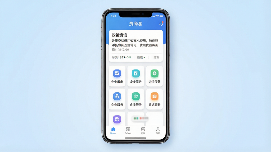 一张展示贵商易手机应用界面的产品预览图,主体为一部竖屏智能手机,屏幕内显示贵商易APP首页,页面包含政策资讯卡片、企业服务图标网格、底部导航栏;背景为浅蓝色渐变,布局居中对称;风格为现代扁平化UI设计;细节包含图标阴影、卡片圆角、清晰文字标签;画质高清干净,无多余元素