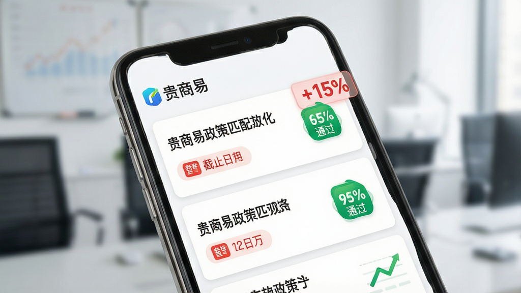 一张展示贵商易政策匹配功能的界面示意图,主体为手机屏幕内呈现政策列表与匹配度百分比标签,布局为上下滚动式卡片排列;风格为清爽商务风;细节包含