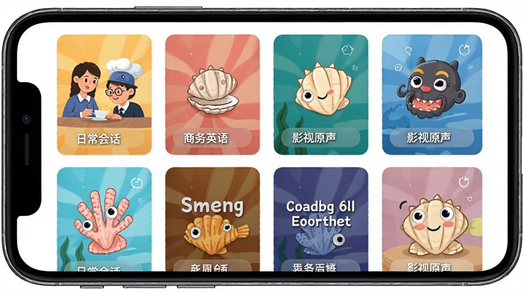 一幅扇贝听力口语素材库界面的生图,主体为手机屏幕展示课程分类卡片,布局为网格状排列的话题封面,排版疏密有致,风格为明快插画风,细节包括日常会话、商务英语、影视原声等标签图标,画质清晰,画面干净,无多余元素