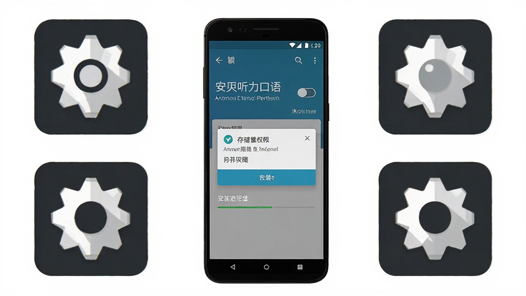 一张展示安卓手机安装扇贝听力口语过程的生图,主体为手机屏幕显示安装权限设置界面,布局为手机居中周围环绕设置图标,排版简洁,风格为扁平化教程风,细节包括未知来源开关、存储权限弹窗、安装进度条,画质高清,画面干净,无多余元素
