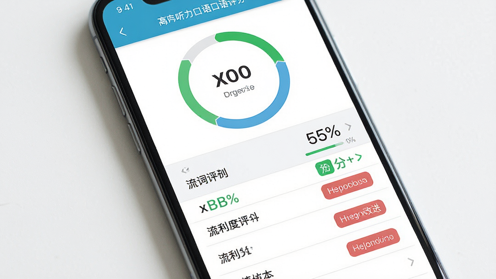 一张展示扇贝听力口语口语评分界面的生图,主体为手机屏幕显示发音评分报告,布局为上方分数环形图下方逐词评分列表,排版整齐,风格为清新教育风,细节包括绿色高分单词、红色待改进单词、流利度百分比,画质高清,画面干净,无多余元素