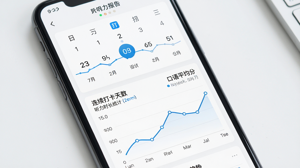 一张展示扇贝听力口语学习数据统计页面的生图,主体为手机屏幕显示学习报告图表,布局为上方日历打卡下方折线趋势图,排版清晰,风格为简约数据可视化风,细节包括连续打卡天数、听力时长统计、口语平均分,画质高清,画面干净,无多余元素