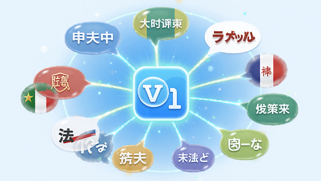 一幅展示ViiTor实时翻译多语种互译功能的插画,画面中围绕一个发光的翻译图标,四周环绕着代表不同国家的语言气泡,如中文、英文、日文、法文等,气泡之间用光线连接,整体布局呈放射状,风格清新明快,细节丰富,画质高清,背景干净无杂乱元素