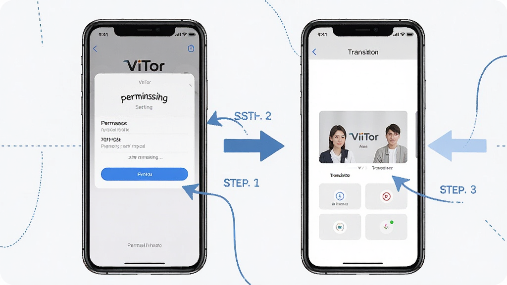 一张展示ViiTor实时翻译在手机端运行的操作示意图,画面中手机屏幕显示权限设置界面和翻译主界面,旁边有箭头标注操作步骤,风格教程化,布局清晰,细节明确,画质干净,无多余元素