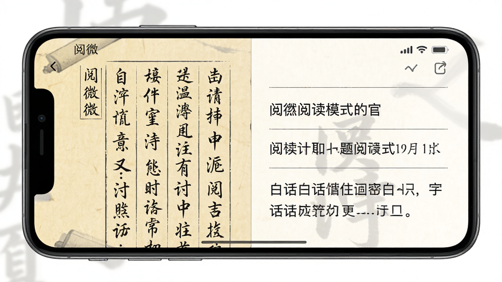 手机屏幕展示「阅微」应用中的对照阅读模式,主体为左右分栏,左侧是竖排文言原文,右侧是横排白话译文,布局清晰对称,风格为古典书卷与现代UI结合,细节有淡黄色纸张底色、墨色字体、段落分隔线,画质清晰,干净,无多余元素